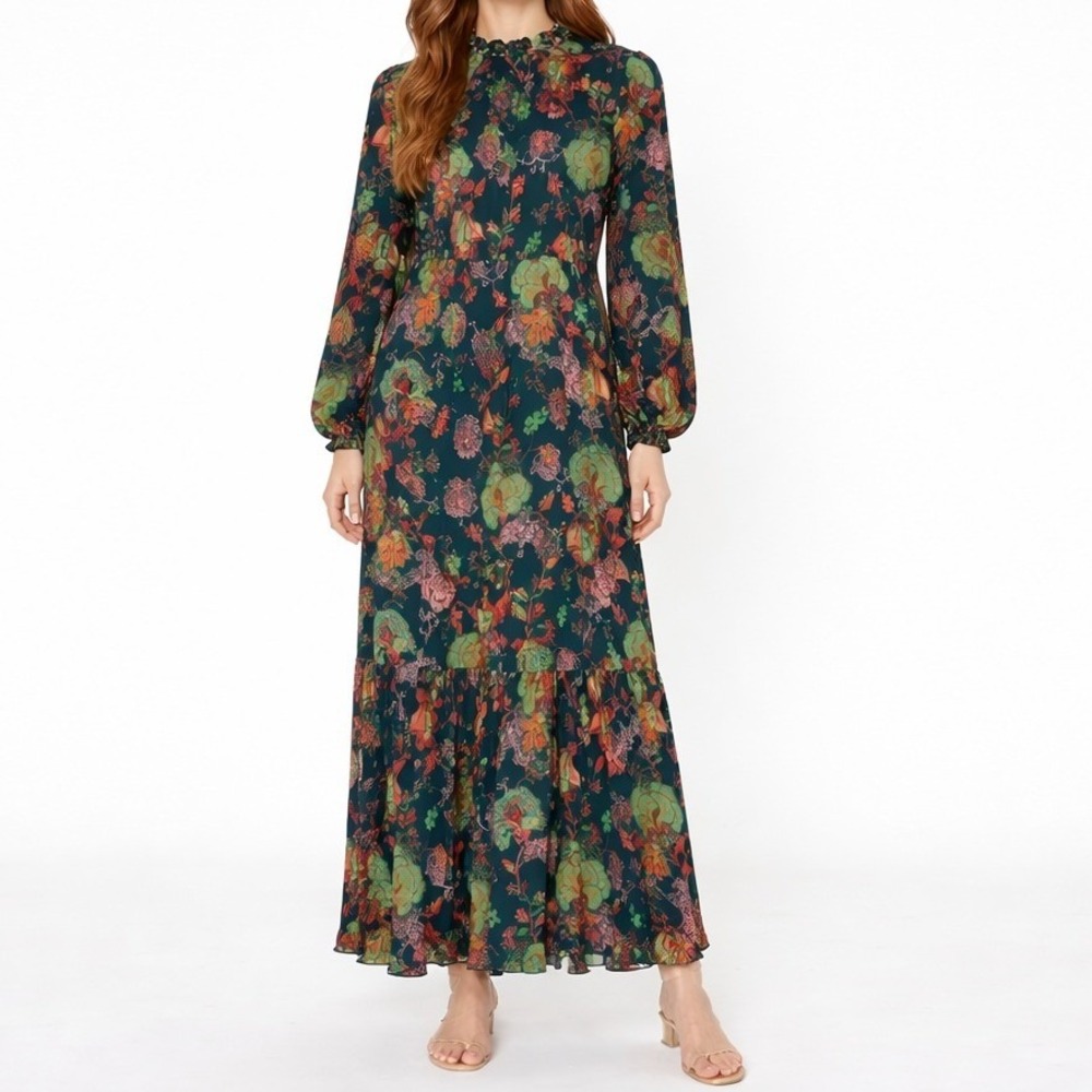 ME+EM Green Paisley Floral Tiered Maxi Dress Women 4 Cottagecore Goblincore